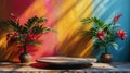 Three Potted Plants on a Table in Front of a Colorful Wall Royalty Free Stock Photo