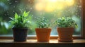 Three potted plants on a windowsill with raindrops, illuminated by warm sunlight in the background Royalty Free Stock Photo