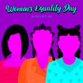 Three powerful women of confidence for Women`s Equality Day on a purple background