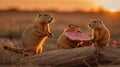 Golden Hour Prairie Dogs Sharing Food on Log Royalty Free Stock Photo