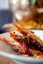 Three Prawns on White Plate Cooked Delicious Closeup Asian Cuisine Fresh
