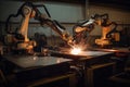 three precision welding robots working side by side on a complicated joint