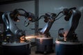 three precision welding robots working side by side on a complicated joint