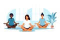 Three pregnant women practicing yoga and meditation in class. Wellness and healthy lifestyle in pregnancy. Vector illustration.