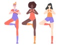 Three pretty girls are doing yoga. Tree pose. Group of multinational characters.