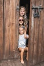 Three pretty little girls sisters playing together in wooden barn, looking at camera through the wooden doors. Wooden