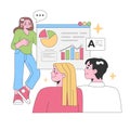 Three professionals evaluate data. Flat vector illustration