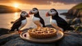 Atlantic Puffins Sharing a Sweet Cherry Pie at Sunset on a Rocky Coastline Royalty Free Stock Photo