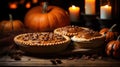 Three pumpkin pies sit on a table with candles, AI