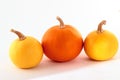 Three pumpkins isolated on a white background with a drop shadow Royalty Free Stock Photo