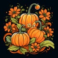 Three pumpkins, leaves and flowers isolated on a black background. Pumpkin as a dish of thanksgiving for the harvest Royalty Free Stock Photo