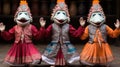 Three puppets of people dressed in colorful costumes. AI.