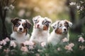 three puppies sitting in a field of flowers looking at the camera