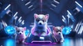 Three puppies are sitting in a futuristic looking spaceship, AI