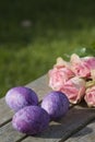Three purple easter eggs with roses