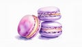 Three purple macarons, two upright and one on its side, with filling visible