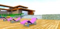 Three purple sun loungers in a row on the decked relax area in the yard of the modern mansion with wooden finishing. 3d rendering