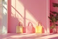 Three purses are displayed in a room with a pink wall Royalty Free Stock Photo