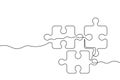 Three puzzle pieces of one continuous line drawn. One hand-drawn line of jigsaw puzzle element. Vector