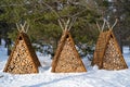 Three pyramidal sheds filled with dry wood in the middle of a snowy forest Royalty Free Stock Photo