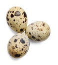 Three quail eggs on a white isolated background. View from above. Close-up. Royalty Free Stock Photo