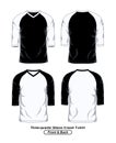 Three Quarter Sleeve V Neck Raglan T-Shirt Template, Front And Back, Black And White