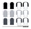 Three Quarter Sleeve V Neck Raglan T-Shirt Template, Front and Back, Black, White and Gray