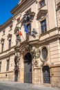 Three quarter vertical view of the Embassy of Italy in Prague, on Nerudova street in Mala Strana. It