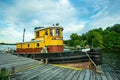 Three quarter view of the The W.O. Decker tugboat; located at the Hudson River Maritime Museum in