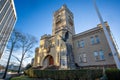 Three quarter view of the White Plains Armory. A historic building in White Plains, New York