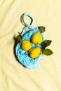 Three quince apple fruits in blue mesh bag on linen