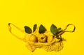 Three quince apples with leaves and net bag on yellow