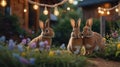 Adorable Three Brown Rabbits in a Flower Garden at Dusk Royalty Free Stock Photo