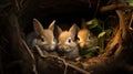 Three rabbits are sitting in a hole in the woods