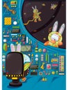 Three rabbits on space with rocket. vector illustration