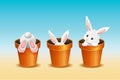 Easter background, three adorable white rabbits in flower pots. Vector illustration