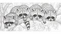 Three raccoons are sitting on a branch in this coloring page, AI Royalty Free Stock Photo