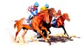 Three racing horses competing with each other. Hippodrome. Racetrack. Equestrian. Derby. Horse sport. Watercolor Royalty Free Stock Photo