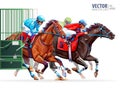 Three racing horses competing with each other. Start gates for horse races the traditional prize Derby. Hippodrome Royalty Free Stock Photo