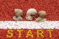 Three racing snails in front of start line Royalty Free Stock Photo
