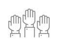 Three raised hands line icon. Solidarity, unity, teamwork symbol