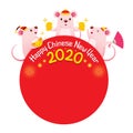 Three Rats On Red Circle Frame Of Happy Chinese New Year 2020, Year Of The Rat