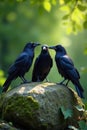 Three ravens on a large, moss covered stone; sunlight highlights feathers , rock, environment, stone Royalty Free Stock Photo