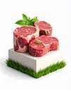 Three Raw Beef Steaks Arranged on a White Cube with Green Herbs on a White Background Royalty Free Stock Photo