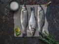 Three raw fish sea bass and other ingredients on dark vintage background Royalty Free Stock Photo