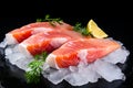 Three raw salmons on ice with lemon wedge and sprig of rosemary. Generative AI