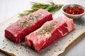 three raw steaks garnished with herb rub on marble slab Royalty Free Stock Photo