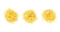 Three uncooked tagliatelle pasta nests, in a row, Italian egg pasta