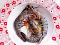 Three raw wild prawns on a flower pattern plate Royalty Free Stock Photo