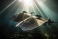three rays swimming together in dense school, their fins shimmering